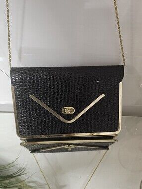 Joan Rivers Black Croc-Texture Clutch with Gold Trim